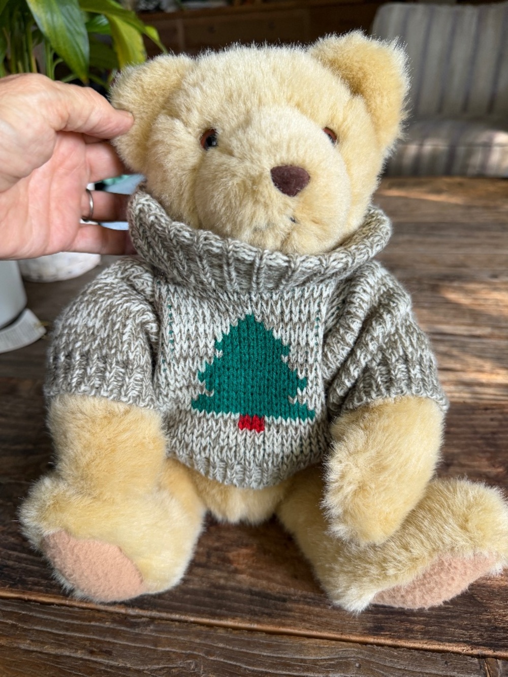 Vintage Hallmark Trevor Teddy Christmas plush bear wearing cozy knit turtleneck